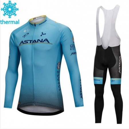 Tenue Cycliste Manches Longues et Collant à Bretelles 2018 Astana Pro Team Hiver Thermal Fleece N001